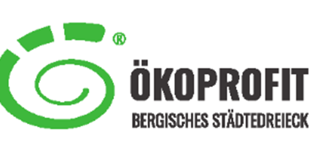 Das Logo von Ökoprofit auf dem mit schwarzer Schrift "Ökoprofit - Bergisches Städtedreieck" steht und links ein großer grüner Kringel ist